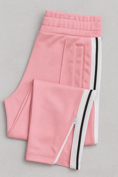YusGos Cotton Fabric Embossed Striped Elastic Waist Tight Zipper Detail Leg Detail Sports Sweatpants Pink XL