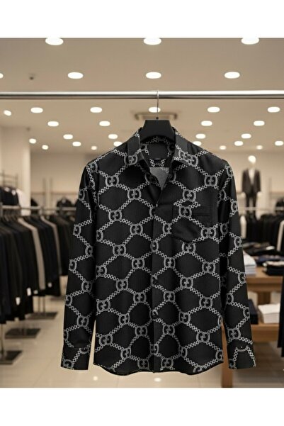 YusGos Long Sleeve Cotton Stretch Fabric Corded Fabric Chain Pattern Regular Fit Premium Winter Men's Shirt Black XL