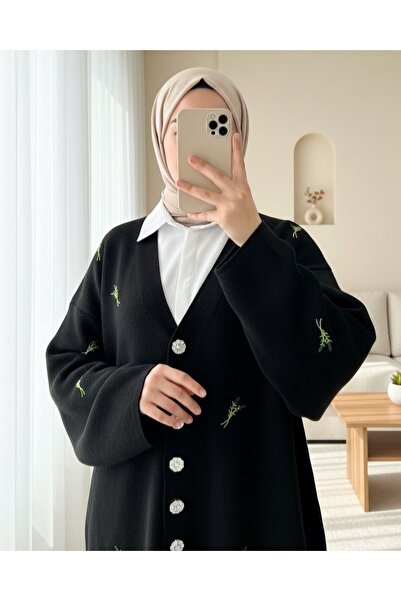 Modamorfo Stone Buttoned Branch Patterned Knitwear Cardigan -Black