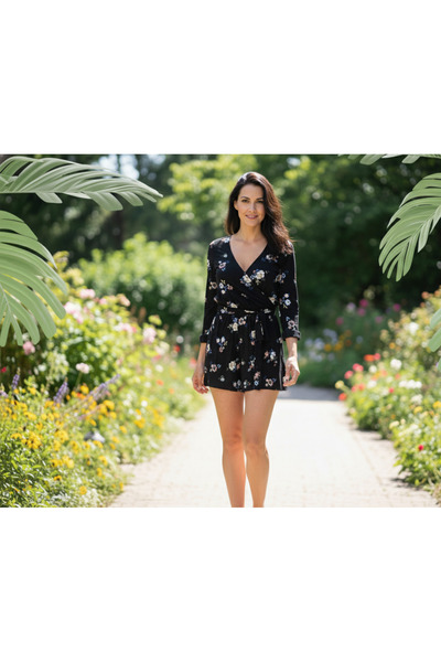 YusGos Women's Flounce Belted Mini Shorts Patterned Stretch Fabric Viscose Dress Black XS