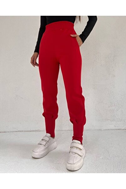 Modamorfo Elastic Waisted Scuba Trousers with Stitched Pockets -Red