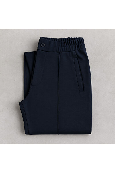 YusGos Cotton Fabric Embossed Striped (piped) Buttoned Basic Comfortable Cut Trousers Navy Blue 2XL