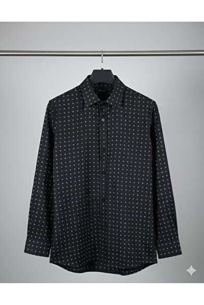 YusGos Men's Regular Fit Regular Collar Long Sleeve Easy Iron Crisp Pattern Premium Cotton Shirt Black L