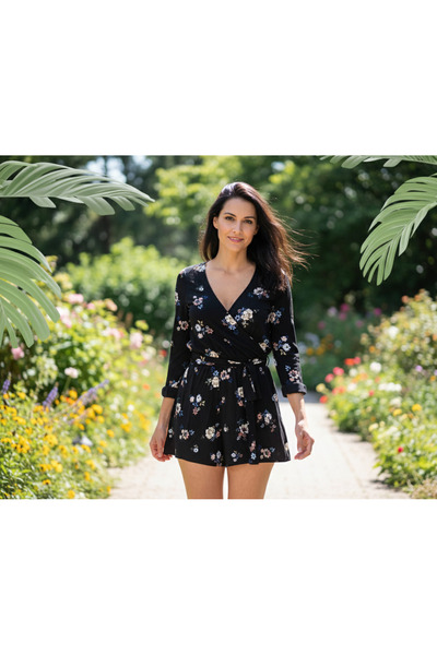 YusGos Women's Flounce Belted Mini Shorts Patterned Stretch Fabric Viscose Dress Black XS