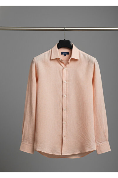 YusGos Men's Regular Fit Regular Collar Winter Raw Linen Shirt Orange XL