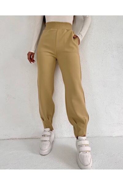 Modamorfo Potápěčská tkanina – kalhoty s kapsami a prošívaným elastickým pasem, světlá norka