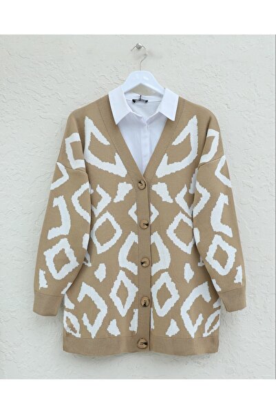 Modamorfo V-Neck Patterned Knitwear Cardigan - Buttoned, Mink