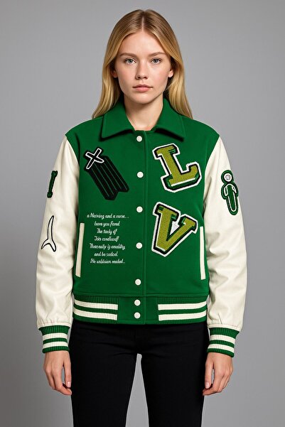 YusGos Unisex Women/Men Embroidered on the Back and Front Special Design High Quality College Coat Jacket Green
