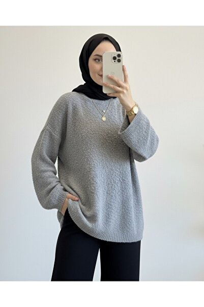 Modamorfo Pompom Textured Casual Knit Sweater - Gray