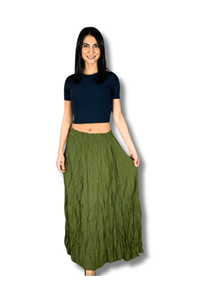 YusGos Women's Pleated Wrinkled Fabric Maxi Skirt Khaki Standard