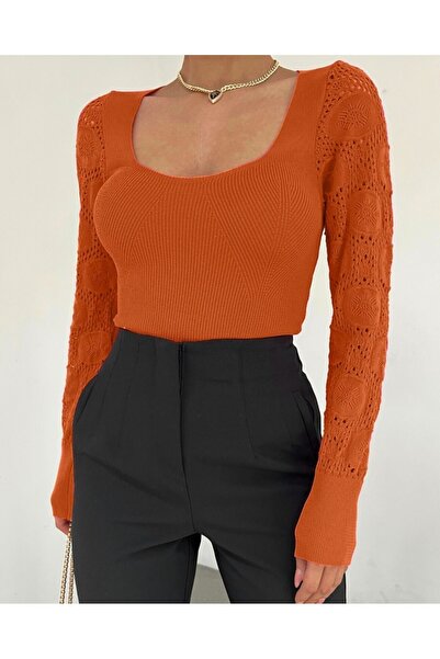 Modamorfo Lace Knit Sleeves Square Neck Knitwear Blouse