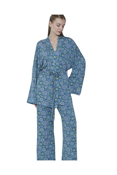 LİMİSSİ Viskon Desenli Mavi 3'lü Pijama Takımı %100 Pamuk MAVİ