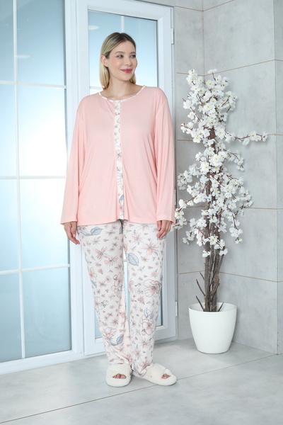 LİMİSSİ Viscose Large Size Patterned Melisa Orange Pajama Set 100% Cotton Orange XL