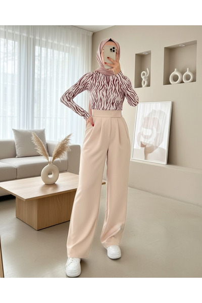 Modamorfo Velcro Belt Pleated Wide Leg Trousers -Beige