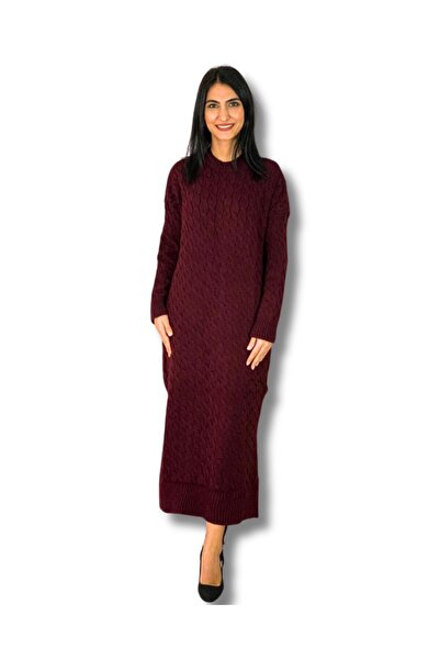 YusGos Crew Neck Hair Braided Knitwear Midi Dress