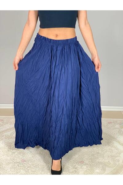 YusGos Women's Pleated Wrinkled Fabric Maxi Skirt Navy Blue Standard