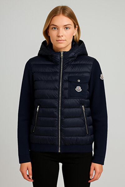 YusGos Women's Hooded Padded Water Repellent Puffer Shiny Steel Mesh High Quality Coat Jacket Navy Blue XL