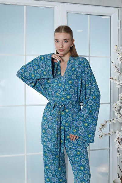 LİMİSSİ Viskon Desenli Mavi 3'lü Pijama Takımı %100 Pamuk MAVİ