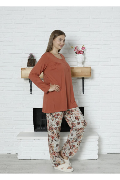 LİMİSSİ Viscose Large Size Patterned Green Pajama Set 100% Cotton Tile XL