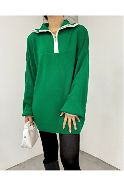 Modamorfo Yarım Fermuarlı Boğazlı Triko Tunik -Yeşil