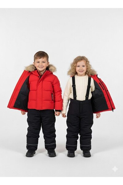 YusGos Hooded Baby Kids Snow Winter Astronaut Coat and Suspender Salopet Padding Pants Coat (1-5 Years) Red