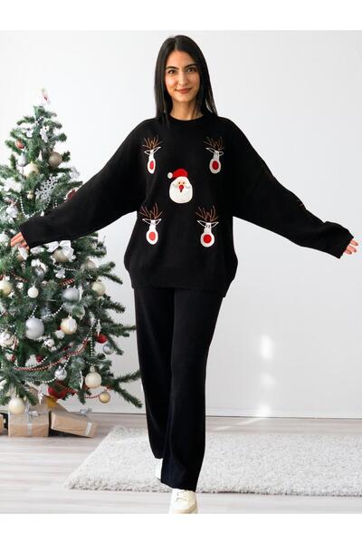 YusGos Women's Long Sleeve New Year Embroidered Crew Neck Knitwear Sweater Pants Set Black Standard