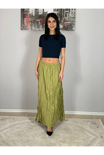 YusGos Women's Pleated Wrinkled Fabric Maxi Skirt Green Standard