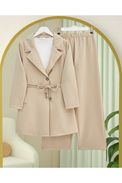 Modamorfo Double Breasted Collar Double Lace Jacket Trousers Suit -Beige