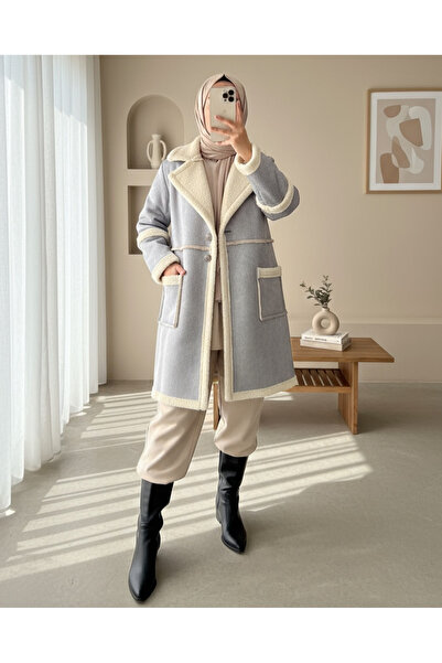 Modamorfo Σουέτ παλτό με επένδυση από γούνα και διπλές τσέπες με κουμπιά - Γκρι