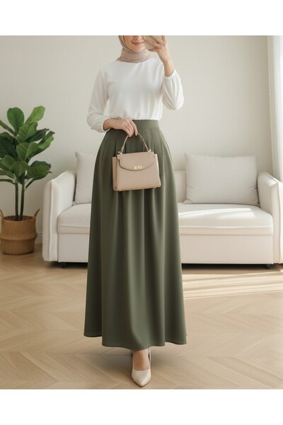 Modamorfo Pleated Crepe Skirt with Zipper Pocket - Khaki