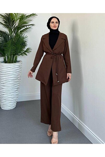 Modamorfo Double Breasted Collar Double Lace Jacket Trousers Suit -Coffee