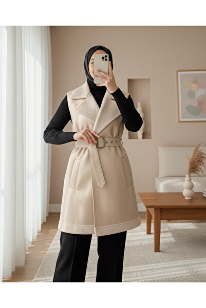 Modamorfo Thick Belted Leather Vest with Fur Inside and Pockets - Beige