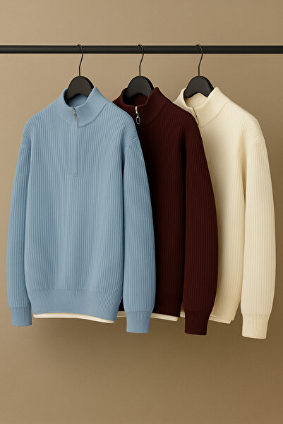 oneoff 3 Pack Men's Corded Fabric Half Zipper Collar Detailed Knitwear Baby Beige Burgundy Sweater