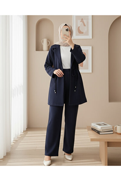 Modamorfo Double Breasted Collar Double Lace Jacket Trousers Suit - Navy