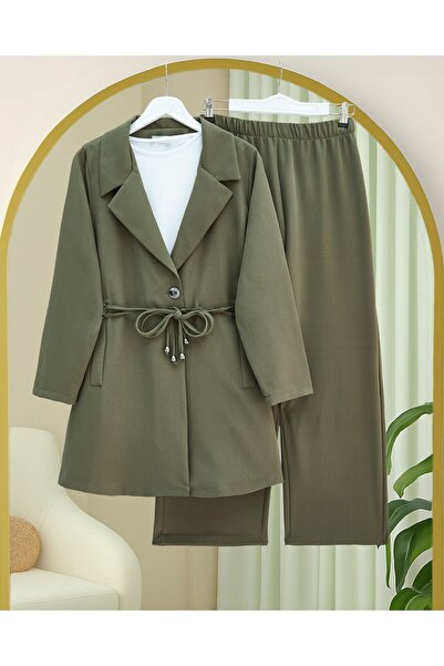 Modamorfo Double Breasted Collar Double Lace Jacket Trousers Suit -Khaki