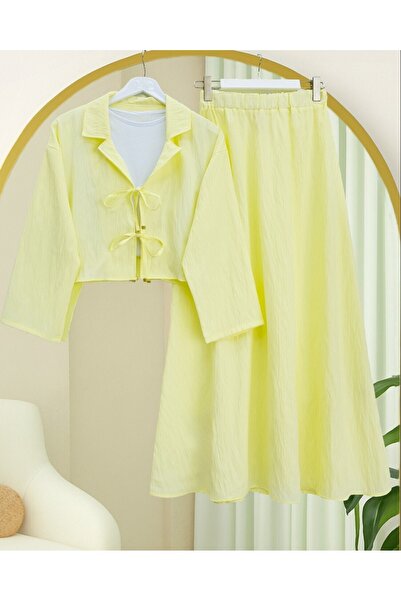 Modamorfo Double Breasted Collar Double Lace Skirt Suit - Light Yellow