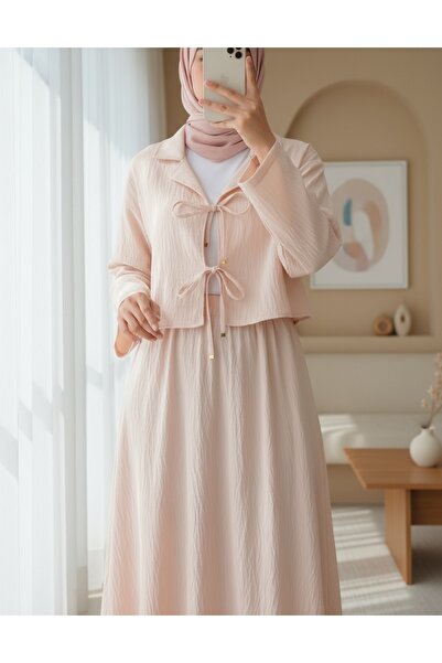 Modamorfo Double Breasted Collar Double Lace Skirt Suit -Beige