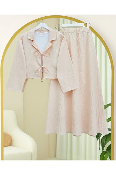 Modamorfo Double Breasted Collar Double Lace Skirt Suit -Beige