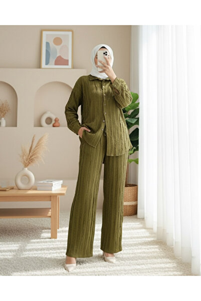 Modamorfo Textured Buttoned Vertical Stripe Pants Shirt Set - Fat Green