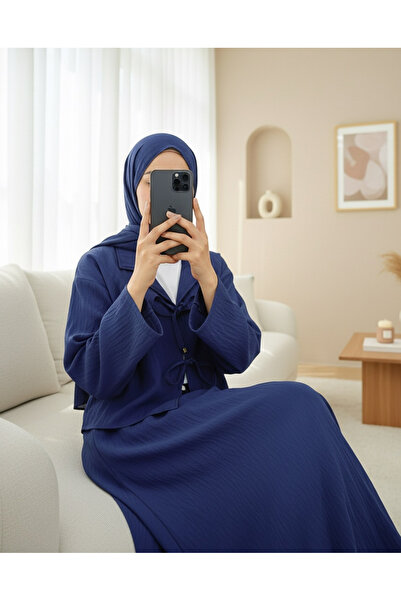 Modamorfo Double Breasted Collar Double Lace Skirt Suit - Navy