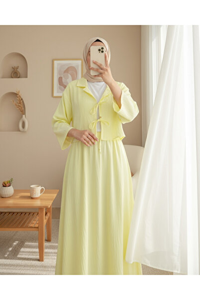 Modamorfo Double Breasted Collar Double Lace Skirt Suit - Light Yellow