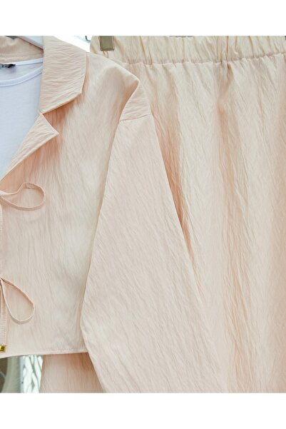 Modamorfo Double Breasted Collar Double Lace Skirt Suit -Beige