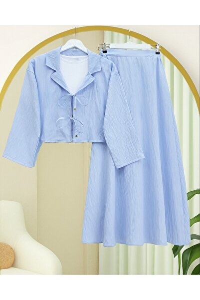 Modamorfo Double Breasted Collar Double Lace Skirt Suit - Baby Blue
