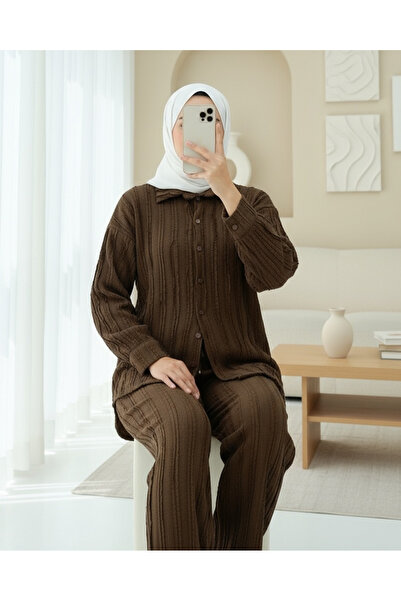 Modamorfo Textured Buttoned Vertical Stripe Pants Shirt Set - Brown