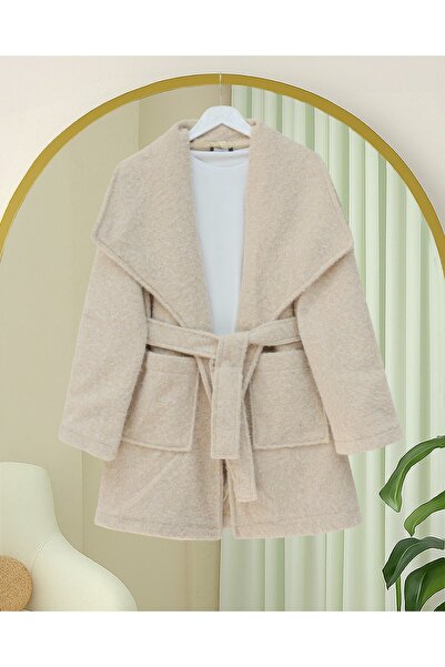 Modamorfo Кашмирено палто с широк яка, колан и джобове - бежово