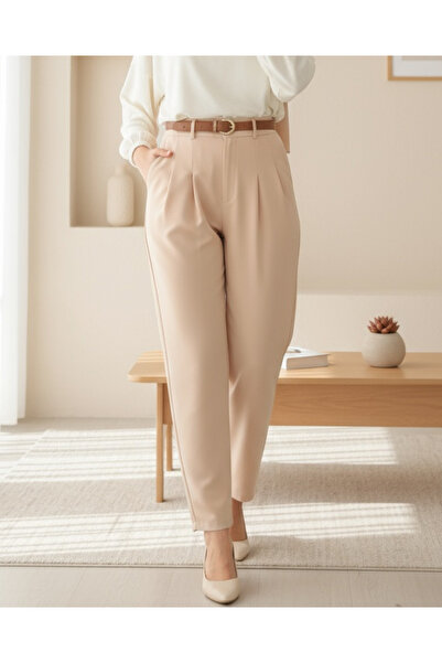 Modamorfo Παντελόνι καρπού με πλισέ τσέπη και ζώνη - Μπεζ