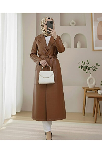 Modamorfo معطف جلدي بحزام على الخصر وجيب جانبي وزر واحد - أسمر