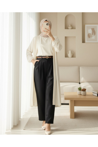 Modamorfo Pantaloni cu curea la gleznă cu buzunare plisate - negru