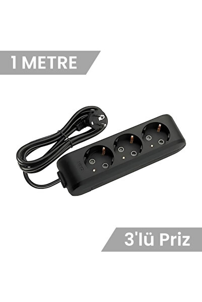 VİKO Üçlü Çoklu Priz, Topraklı, Uzatma Kablosu, 3lü, 1m, Siyah