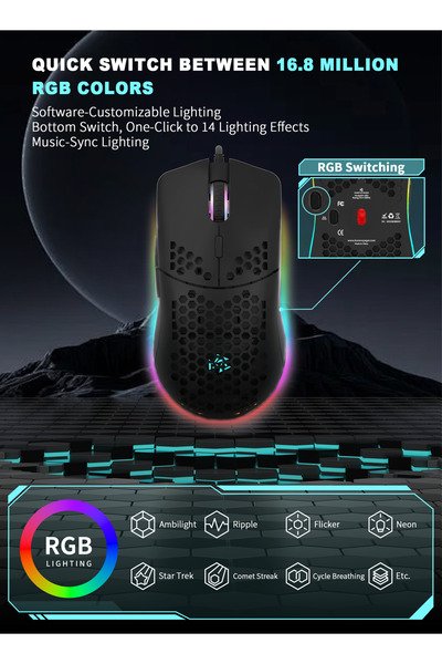 DuneVoyager GE5 Honeycomb Gaming Mouse, 1-12800 DPI, 6 Programmable Buttons, RGB